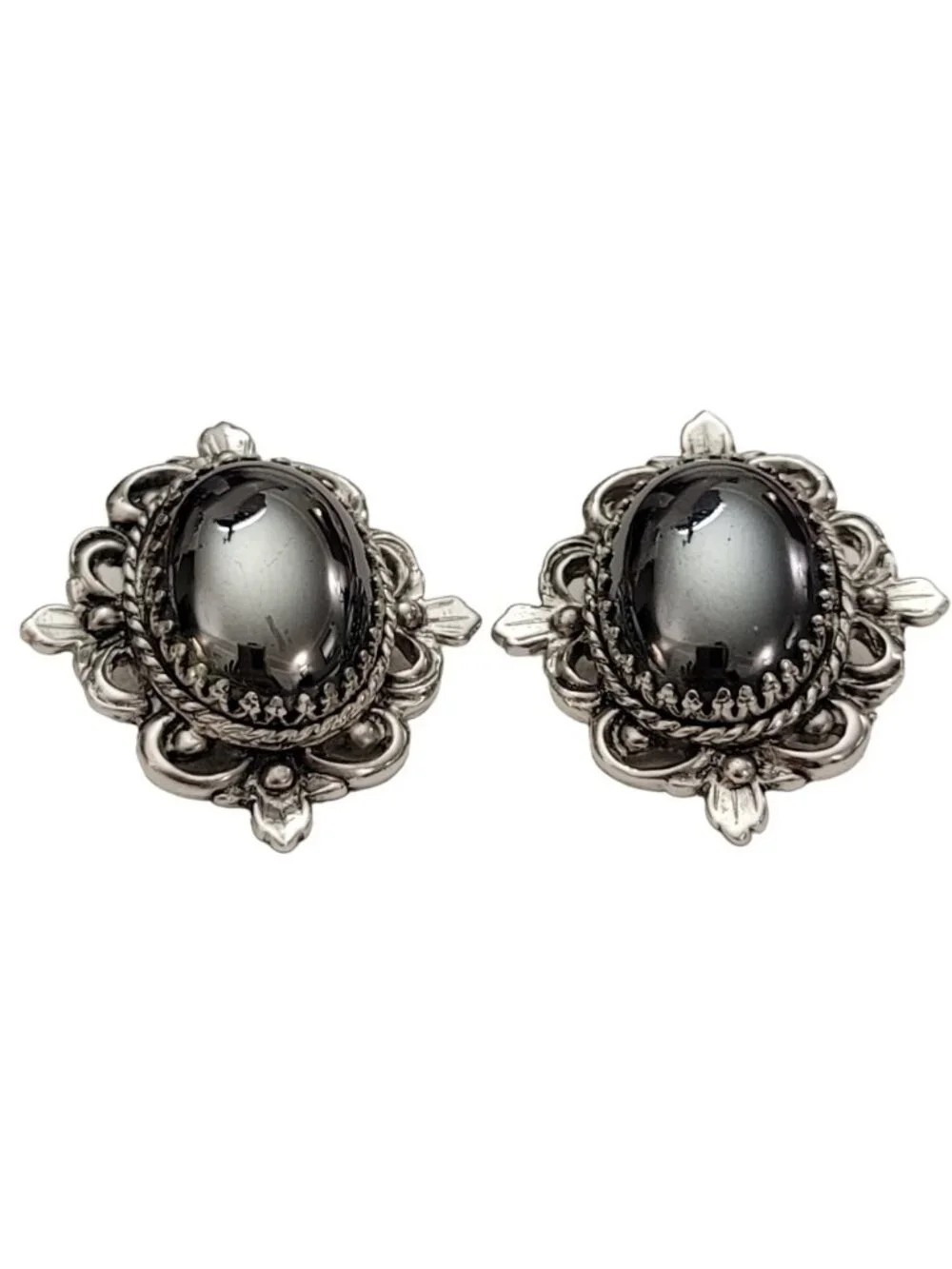 Whiting & Davis Co. Silver Tone Glass Cab Clip-On Earrings, Signed K178